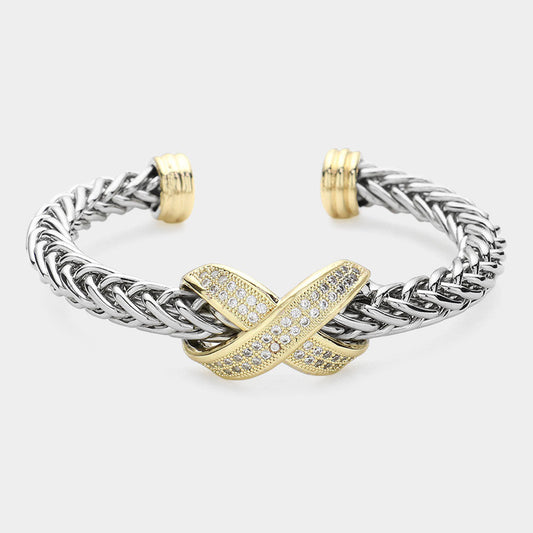 14K Gold Plated Two Tone CZ Stone Paved Crisscross Metal Braided Cuff Bracelet - M H W ACCESSORIES LLC