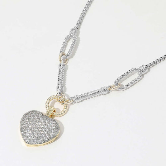 14K Gold Plated Two Tone CZ Stone Paved Heart Pendant Necklace - M H W ACCESSORIES LLC
