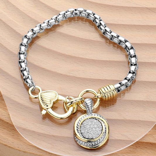 14K Gold Plated Two Tone CZ Stone Paved Round Pendant Bracelet - M H W ACCESSORIES LLC