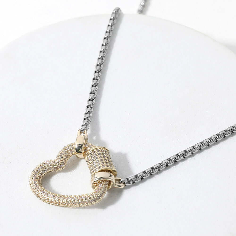 14K Gold Plated Two Tone CZ  Paved Heart Carabiner Pendant Necklace - M H W ACCESSORIES LLC