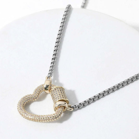 14K Gold Plated Two Tone CZ  Paved Heart Carabiner Pendant Necklace - M H W ACCESSORIES LLC