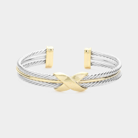 14K Gold Plated Two Tone Crisscross Cuff Bracelet-M H W ACCESSORIES - M H W ACCESSORIES LLC