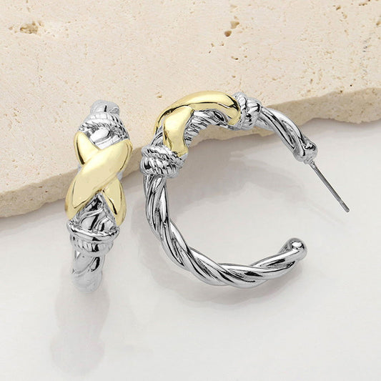 14K Gold Plated Two Tone Crisscross Pointed Hoop Earrings - M H W ACCESSORIES LLC