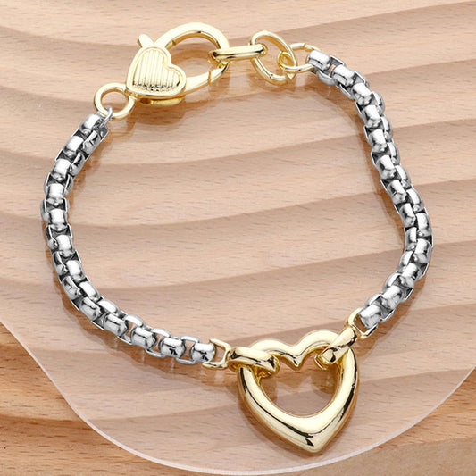 14K Gold Plated Two Tone Heart Charm Pointed Bracelet - M H W ACCESSORIES LLC