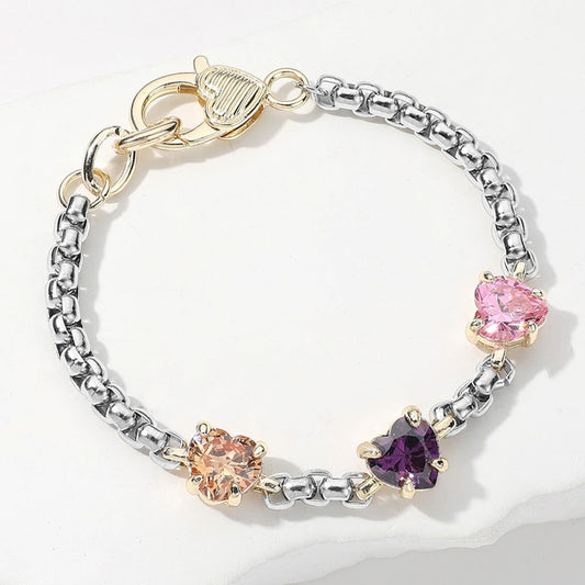 14K Gold Plated Two Tone Multi-Color CZ Heart Custer Bracelet - M H W ACCESSORIES LLC