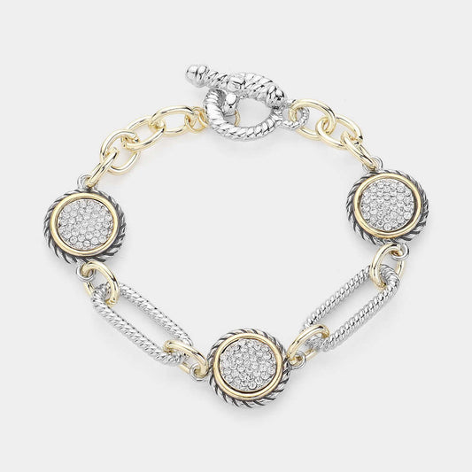 14K Gold Plated Two Tone Stone Paved Disc Link Toggle Bracelet - M H W ACCESSORIES LLC