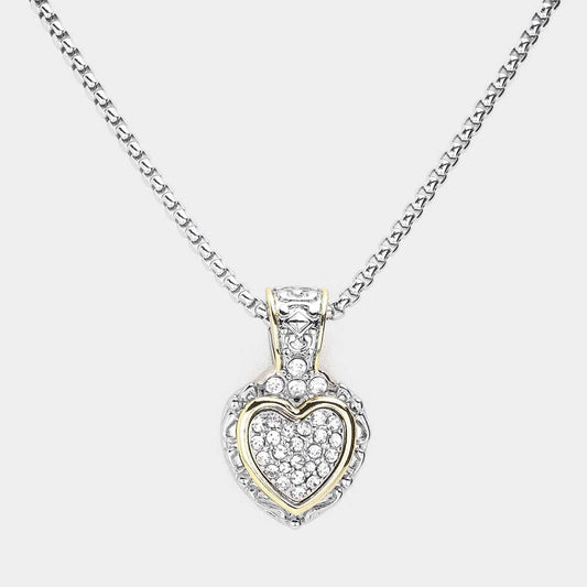 14K Gold Plated Two Tone Stone Paved Heart Pendant Necklace - M H W ACCESSORIES LLC