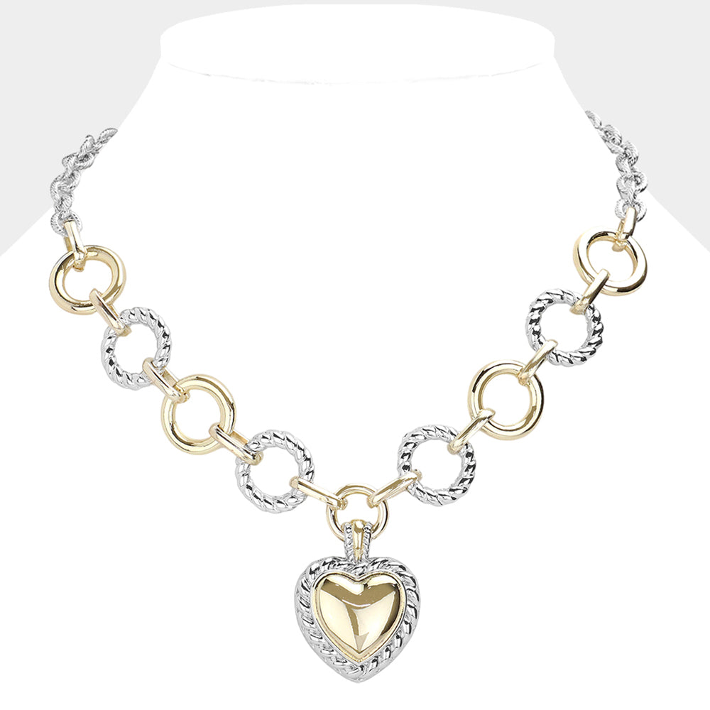 14K Gold Plated Two Tone Textured Metal Heart Pendant Necklace for Women - M H W ACCESSORIES LLC