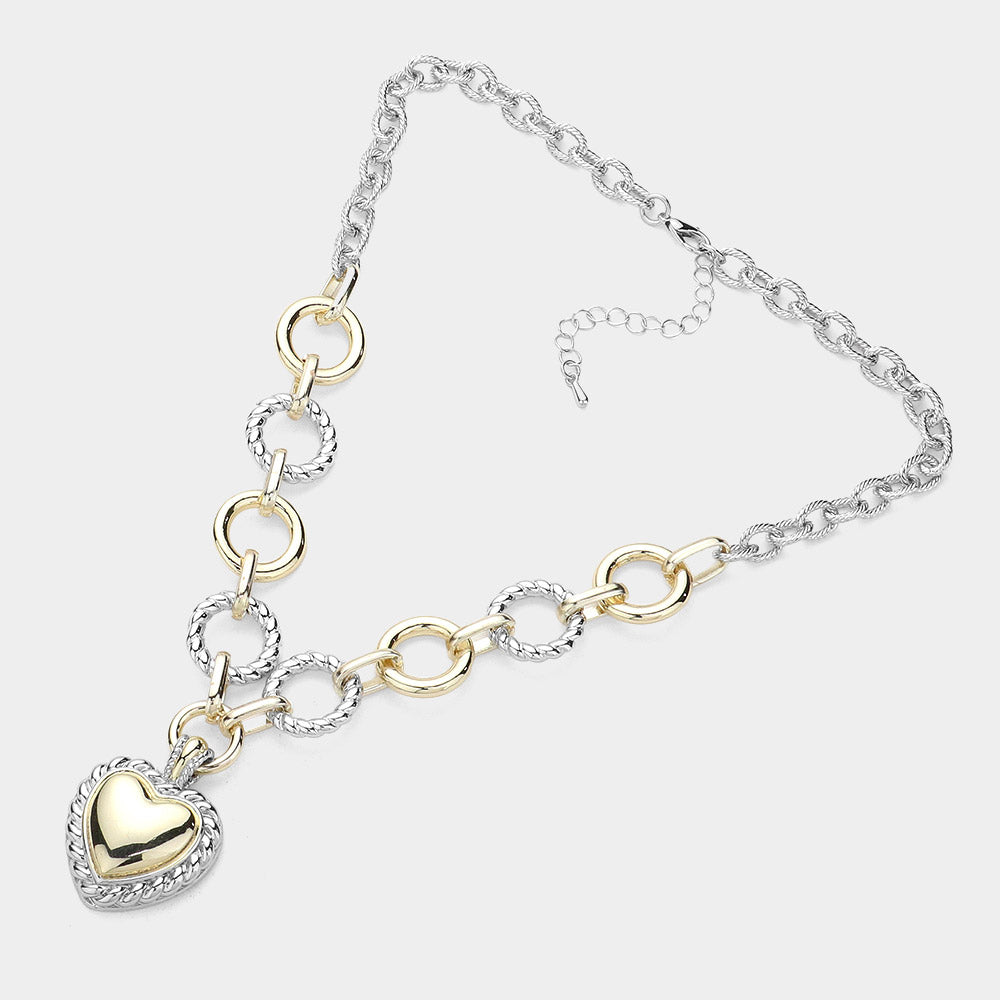 14K Gold Plated Two Tone Textured Metal Heart Pendant Necklace for Women - M H W ACCESSORIES LLC