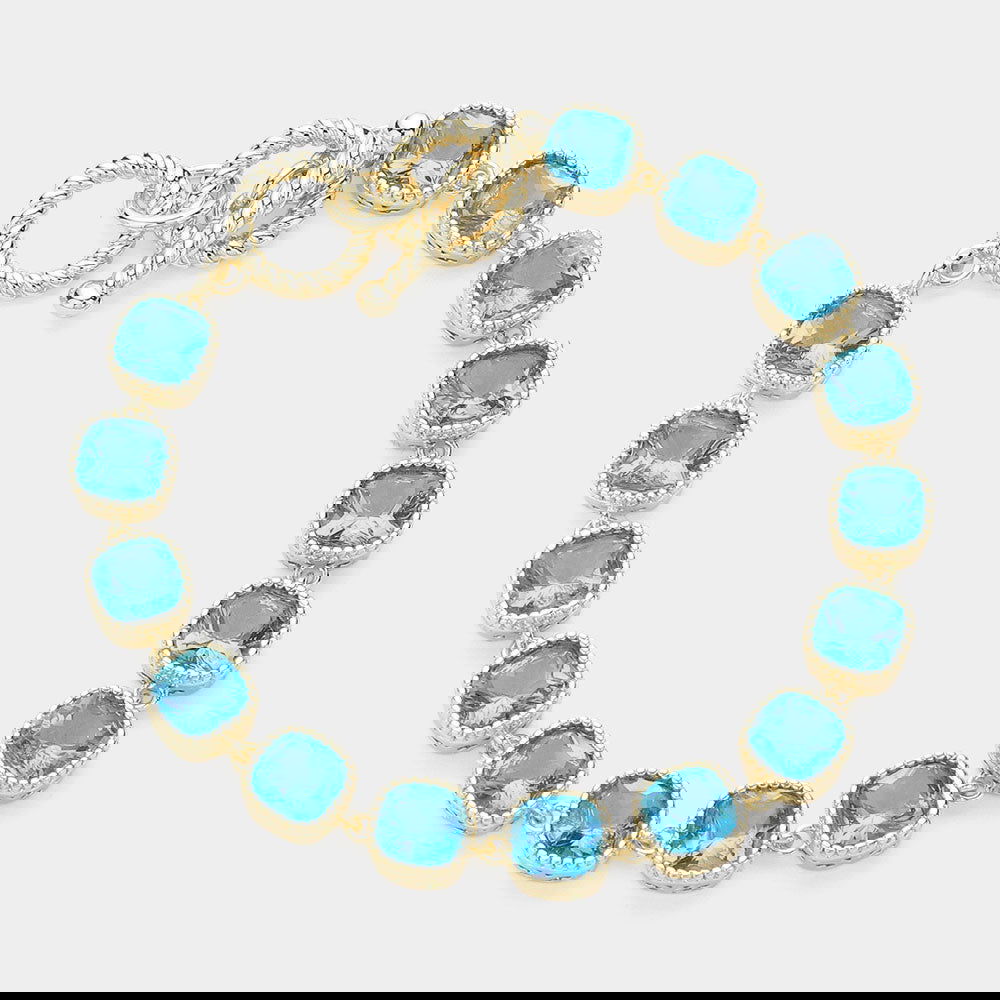 14 Karat Gold Plated Aqua Blue Square CZ Stone Link Evening Toggle Bracelet - M H W ACCESSORIES LLC