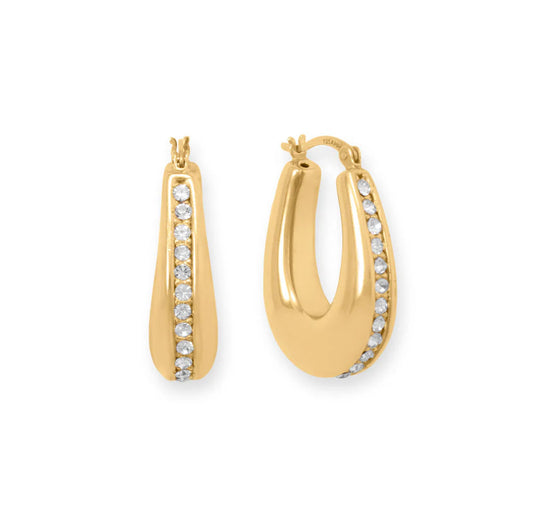 14 Karat Gold Plated Sterling Silver Hollow CZ Oblong Hoop Earrings - M H W ACCESSORIES LLC