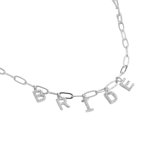 18K Gold Dipped Brass Metal BRIDE Monogram Charm Paper Clip Chain Necklace - M H W ACCESSORIES LLC