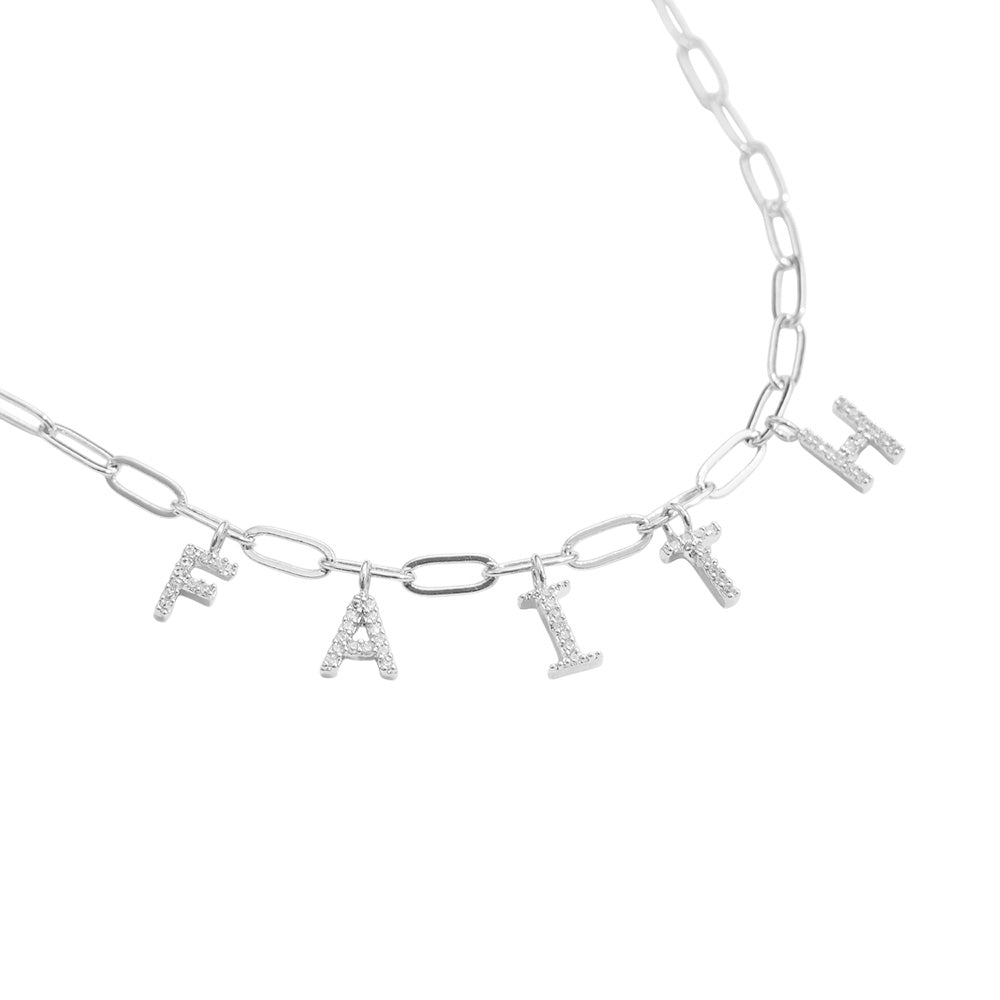 18K Gold Dipped Brass Metal FAITH Monogram Charm Paper Clip Chain Necklace - M H W ACCESSORIES LLC