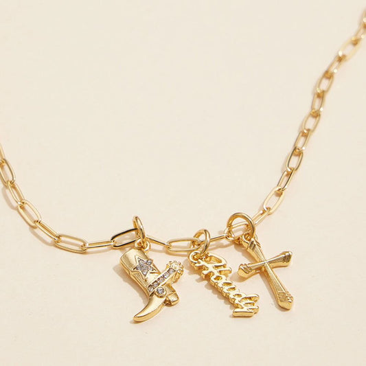 18K Gold Dipped Brass Metal Howdy Message Cross Stone Paved Wester Boot Charm Pendant Paperclip Chain Necklace - M H W ACCESSORIES LLC