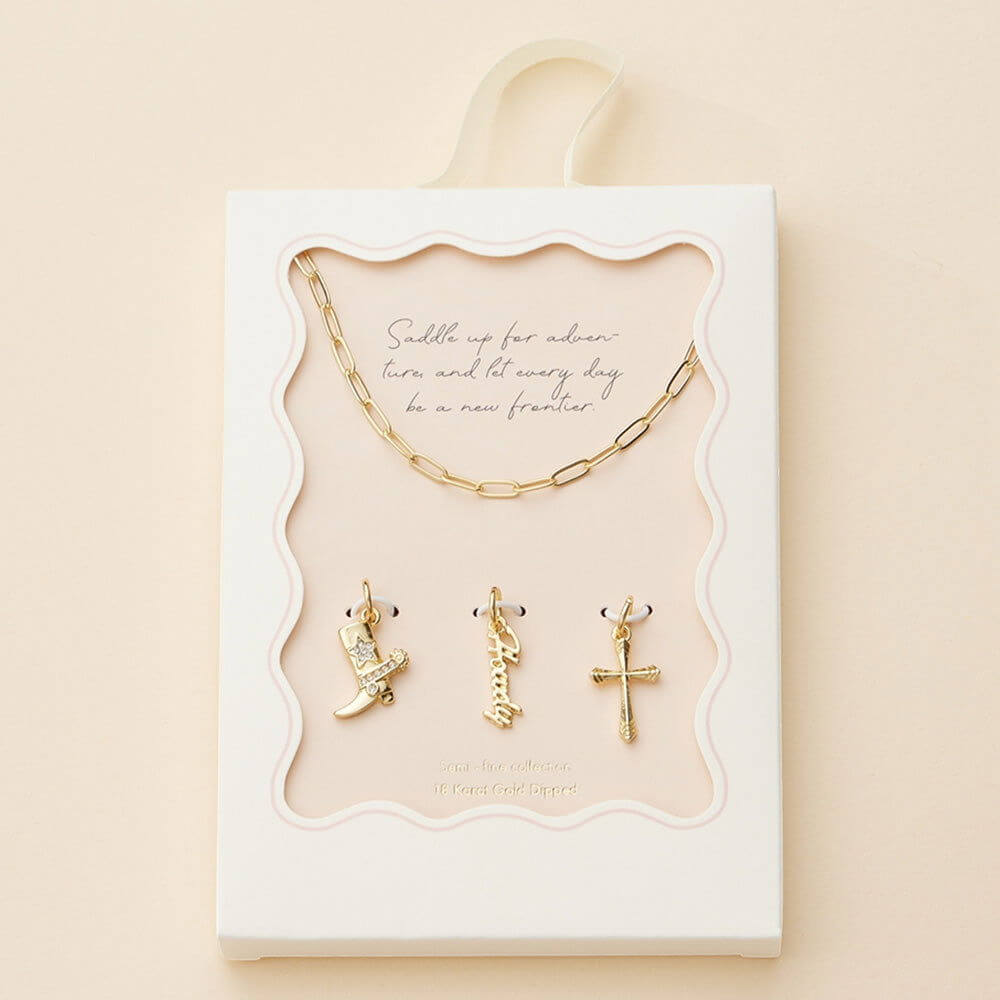 18K Gold Dipped Brass Metal Howdy Message Cross Stone Paved Wester Boot Charm Pendant Paperclip Chain Necklace - M H W ACCESSORIES LLC