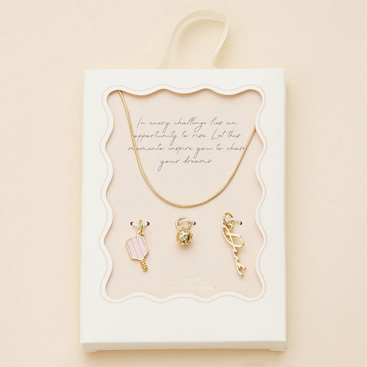 18K Gold Dipped Brass Metal Pickle Ball Paddle Dink Message Charm Pendant Necklace - M H W ACCESSORIES LLC
