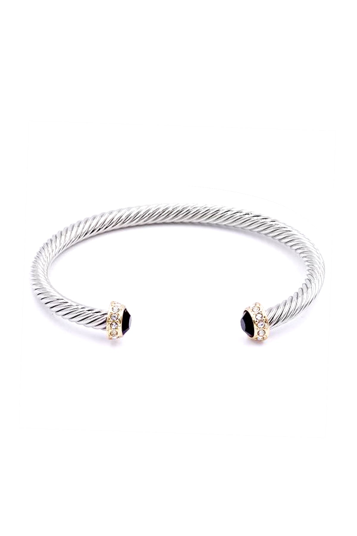 Two-Tone Silver Black Crystal Stainless Steel Cuff Bracelet - M H W ACCESSORIES LLC