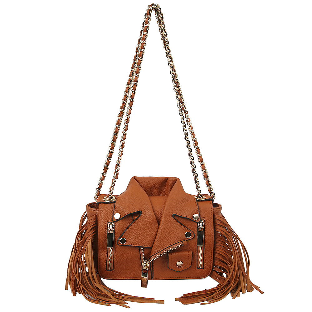 BROWN FASHION LEATHER FRINGE JACKET DESIGN CROSSBODY BAG