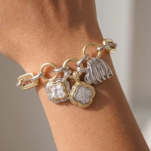 14K Gold Plated Two Tone CZ Quatrefoil Textured Metal Heart Charm Pendant Bracelet M H W ACCESSORIES LLC 14K Gold Plated Two Tone CZ Quatrefoil Textured Metal Heart Charm Pendant Bracelet
