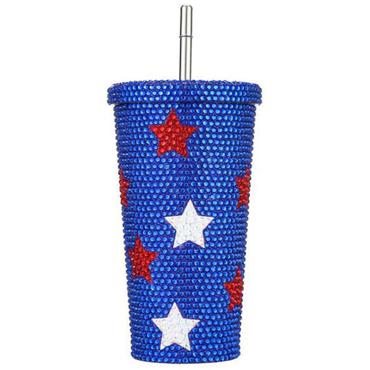 AMERICANA STAR RHINESTONE CRYSTAL BLING TUMBLER CUP WITH STRAW M H W ACCESSORIES LLC AMERICANA STAR RHINESTONE CRYSTAL BLING TUMBLER CUP WITH STRAW