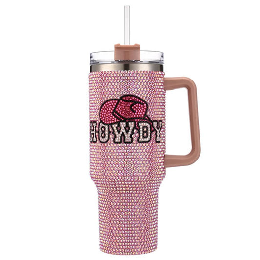 WESTERN HOWDY Pink RHINESTONE BLING 40 OZ TUMBLER WITH HANDLE