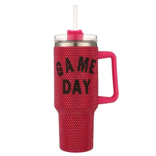 GAME DAY PINK RHINESTONE BLING 40 OZ TUMBLER WITH HANDLE