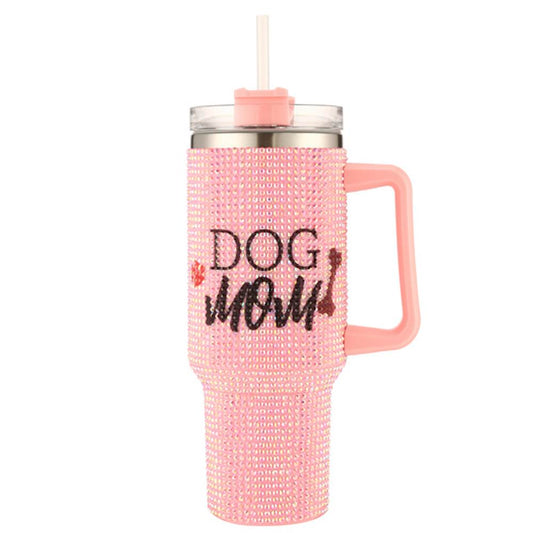 Pink Rhinestone 40z Dog Mom Tumbler-M H W ACCESSORIES