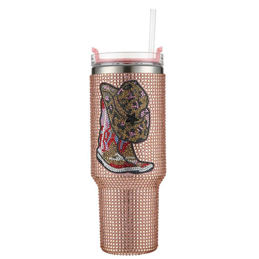 Peach WESTERN BOOTS RHINESTONE TUMBLER WITH HANDLE STRAW