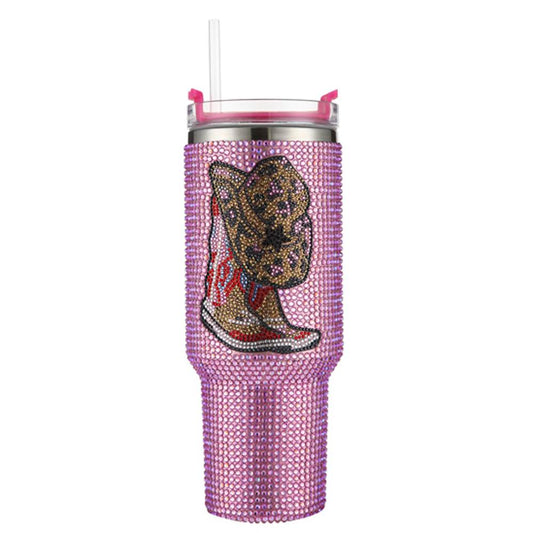 PURPLE WESTERN BOOTS RHINESTONE TUMBLER WITH HANDLE STRAW