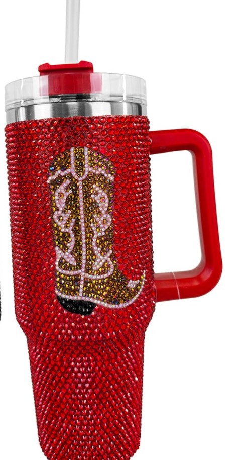 WESTERN COWBOY RED RHINESTONE BLING TUMBLER CUP