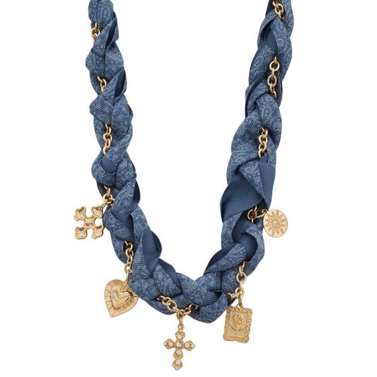Cross Heart Flower Charm Blue Denim Fabric Braided Statement Necklace