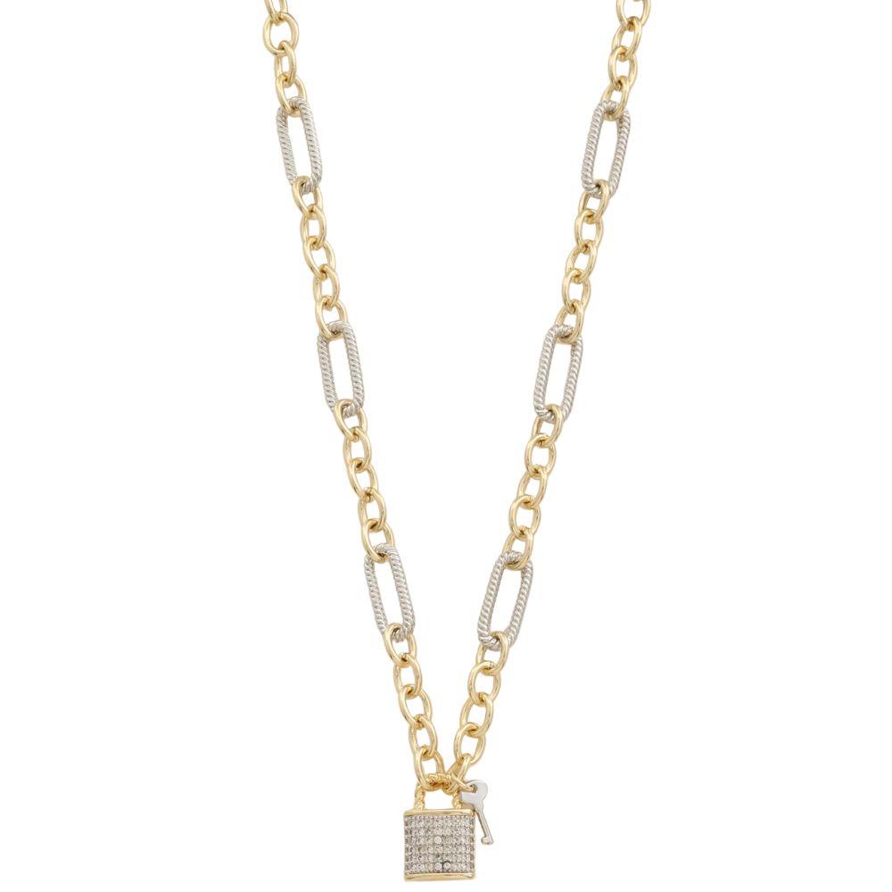 14K PLATED LOCK KEY CHARM TWO TONE NECKLACE