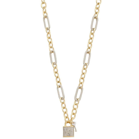 14K PLATED LOCK KEY CHARM TWO TONE NECKLACE