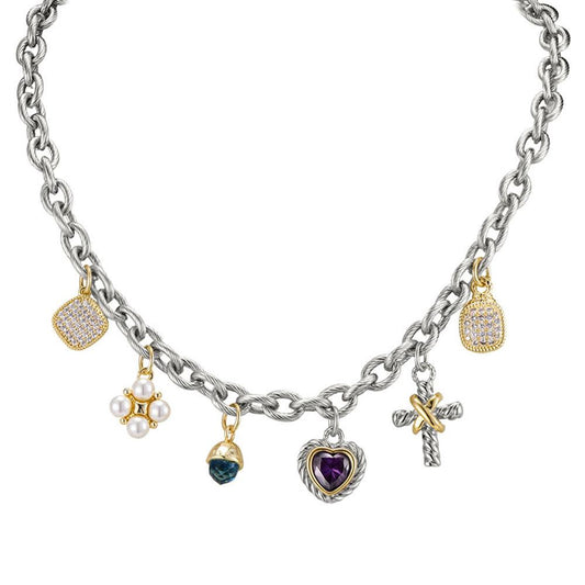 14K White Gold Plated CZ Heart Stone Pearl Cluster Metal Cross Charm Station Necklace