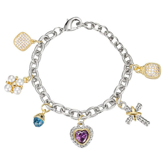 14K Gold Plated CZ Heart Stone Pearl Cluster Metal Cross Charm Station Bracelet