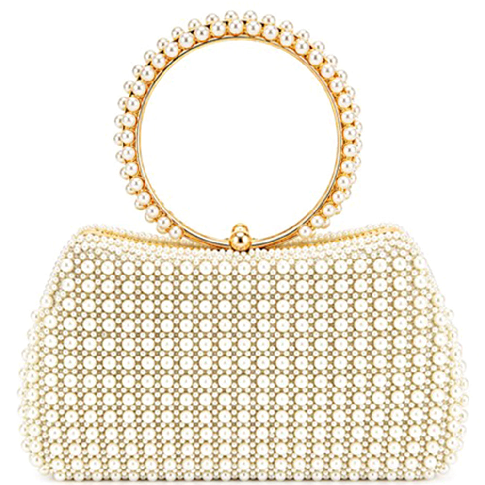 PEARL ALL OVER DESIGN ROUND HANDLE EVENING CLUTCH BAG M H W ACCESSORIES LLC PEARL ALL OVER DESIGN ROUND HANDLE EVENING CLUTCH BAG