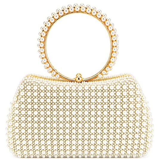 PEARL ALL OVER DESIGN ROUND HANDLE EVENING CLUTCH BAG M H W ACCESSORIES LLC PEARL ALL OVER DESIGN ROUND HANDLE EVENING CLUTCH BAG