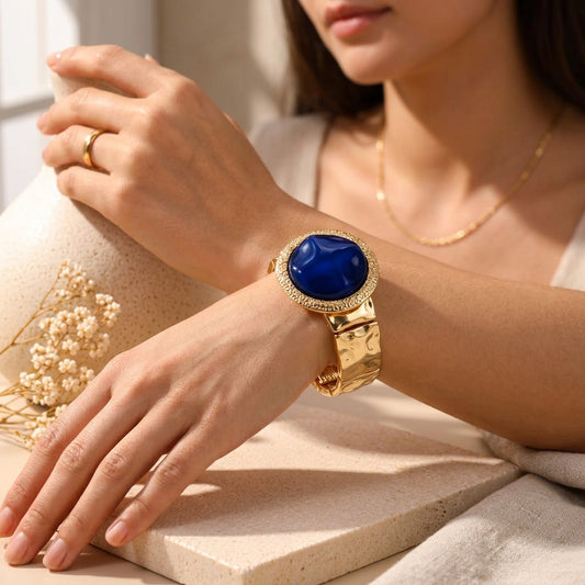 Blue Metal Cabochon Beaded Border Stretch Bracelet M H W ACCESSORIES LLC Blue Metal Cabochon Beaded Border Stretch Bracelet