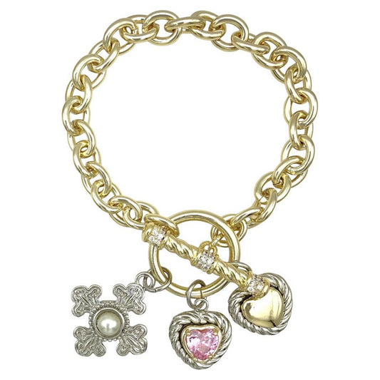 14K Gold Plated CZ Pave Heart Square Cluster Charm Pendant Toggle Bracelet
