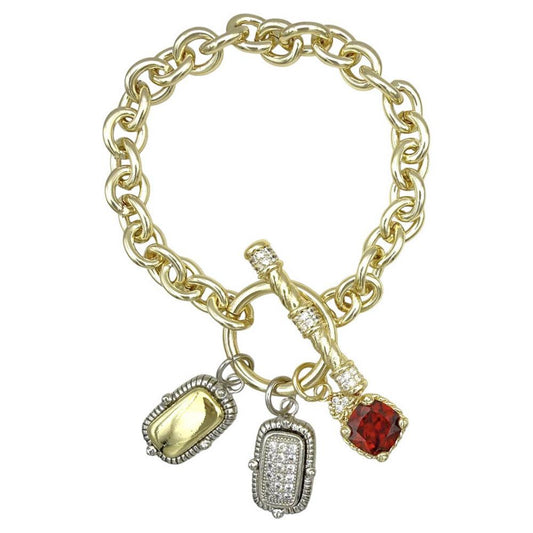 14K Gold Plated CZ Stone Two Tone Bar Charm Pendant Toggle Bracelet