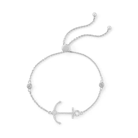 .925 Sterling Silver Rhodium Plated CZ Anchor Friendship Bolo Bracelet - M H W ACCESSORIES LLC