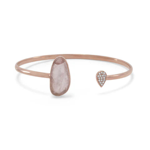 14 Karat Rose Gold Plated Rose Quartz and CZ Cuff Bracelet - M H W ACCESSORIES LLC