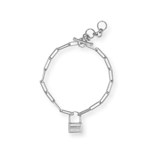 7.5" Rhodium Plated CZ Lock Toggle Bracelet- M H W ACCESSORIES - M H W ACCESSORIES LLC