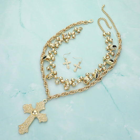 2PCS - Oversized Gold Cross Pendant Pebble Chain Necklace - M H W ACCESSORIES LLC