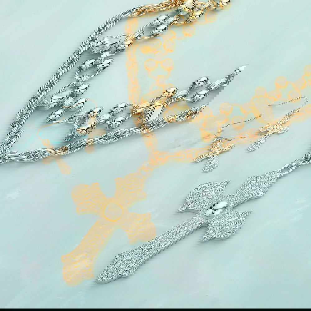 2PCS - Oversized Gold Cross Pendant Pebble Chain Necklace - M H W ACCESSORIES LLC