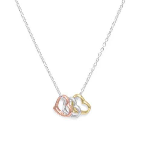 Sterling Silver 16"+2" Tri Tone Heart Necklace-M H W ACCESSORIES