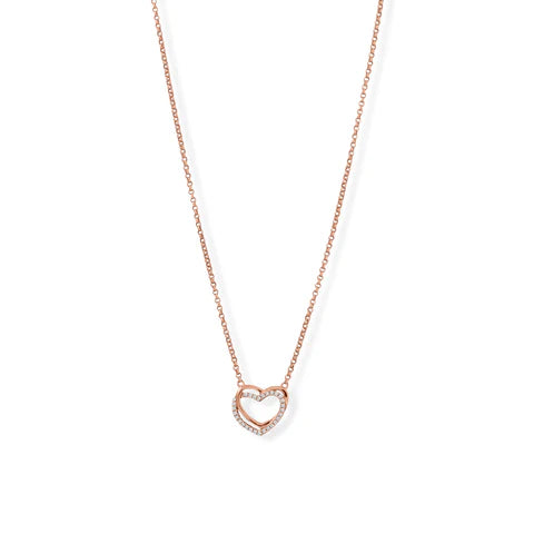 15" + 2" 14 Karat Rose Gold Plated CZ Double Heart Necklace - M H W ACCESSORIES LLC