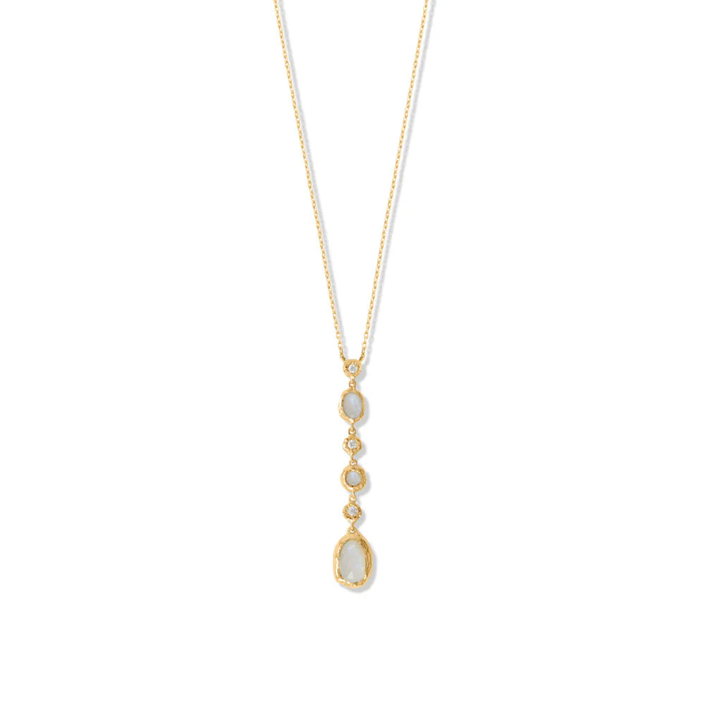 16" + 2" 14 Karat Gold Plated CZ and Rainbow Moonstone Drop Necklace - M H W ACCESSORIES LLC