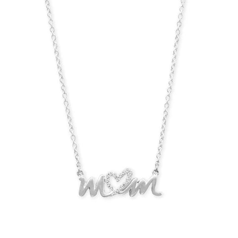 Sterling Silver 16" + 2" 14 Karat Gold Plated CZ Heart "mom" Necklace