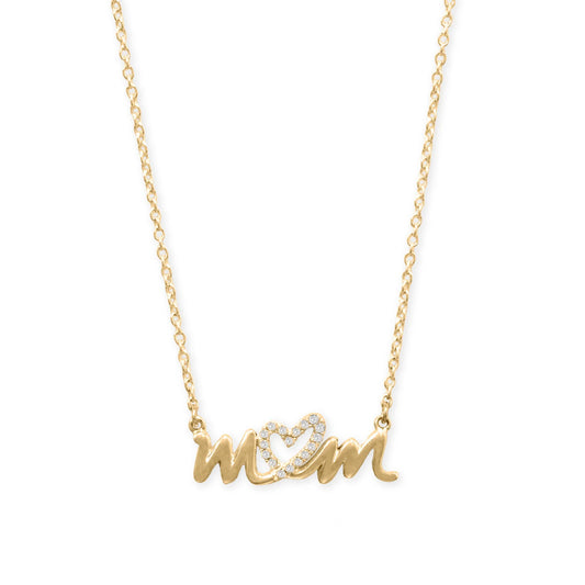 16" + 2" 14 Karat Gold Plated CZ Heart "mom" Necklace